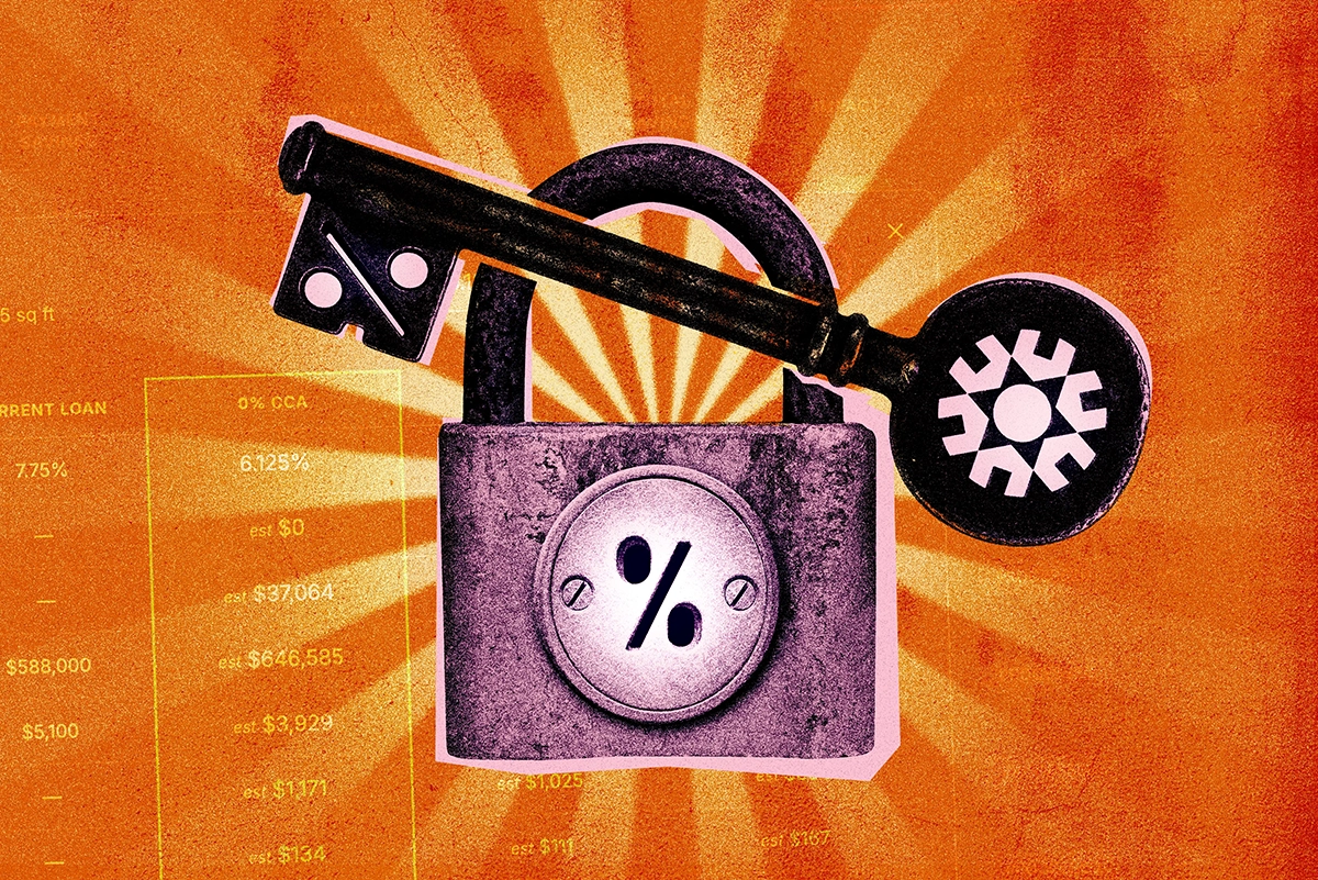 A padlock and key with percent signs over a sunburst of mortgage refinance data